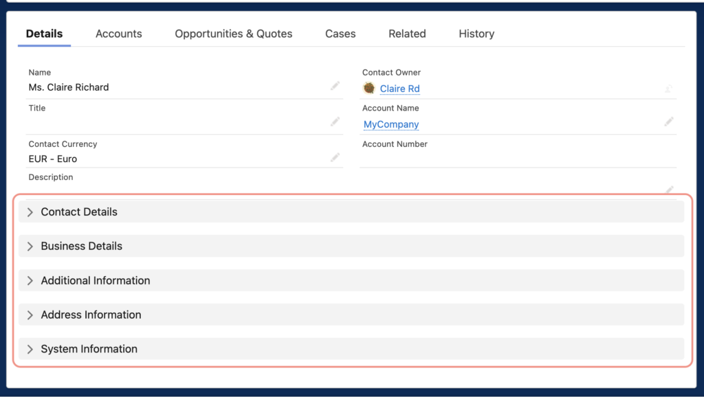 Contact Page Layout with Sections