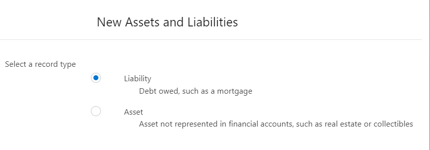 Image of a New Asset and Liabilities record type selector modal.